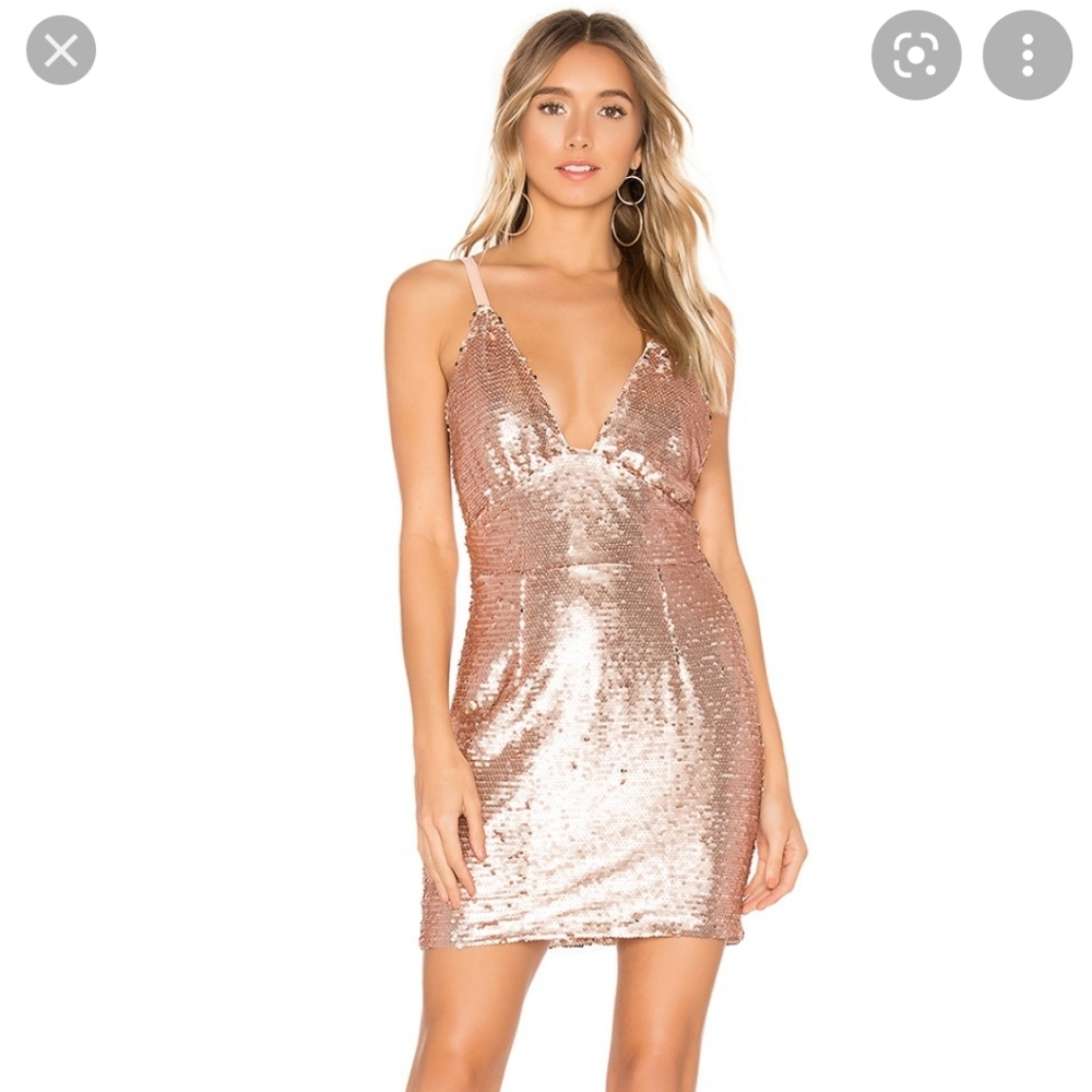 About Us Revolve Dress Small Bethany Sequins Rosegold Babydoll Mini Dress